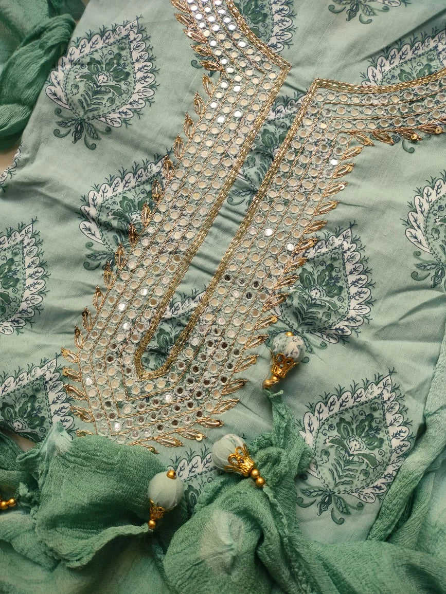 Soothing Green Color Cotton Unstitched Suit Set for Women